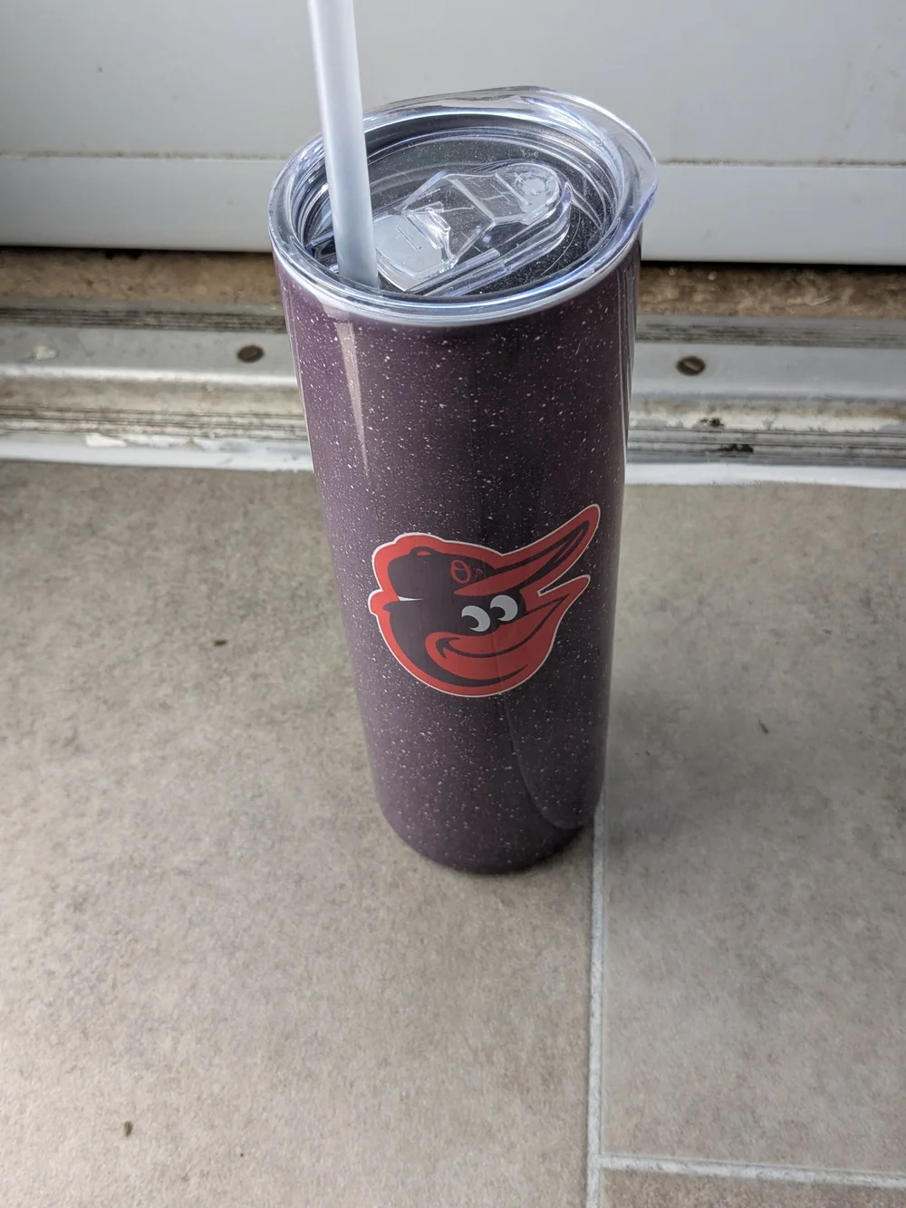 Orioles Purple Speckle Travel Tumbler with Clear Lid and Straw